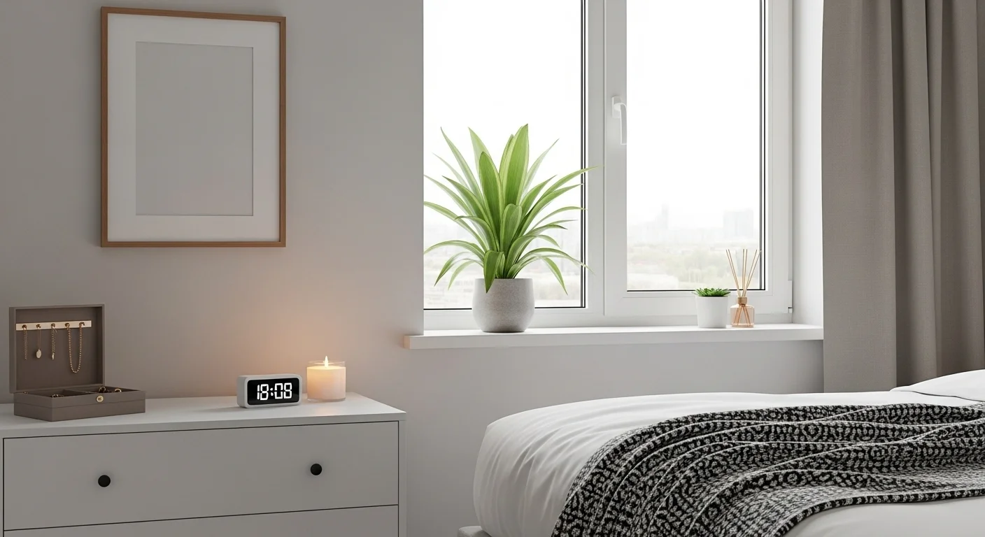 125+ Bedroom Riddles with Answers: Fun and Engaging Puzzles 6 Clean minimalist bedroom with white bedding, wooden nightstand, digital clock, and green plants by bright window