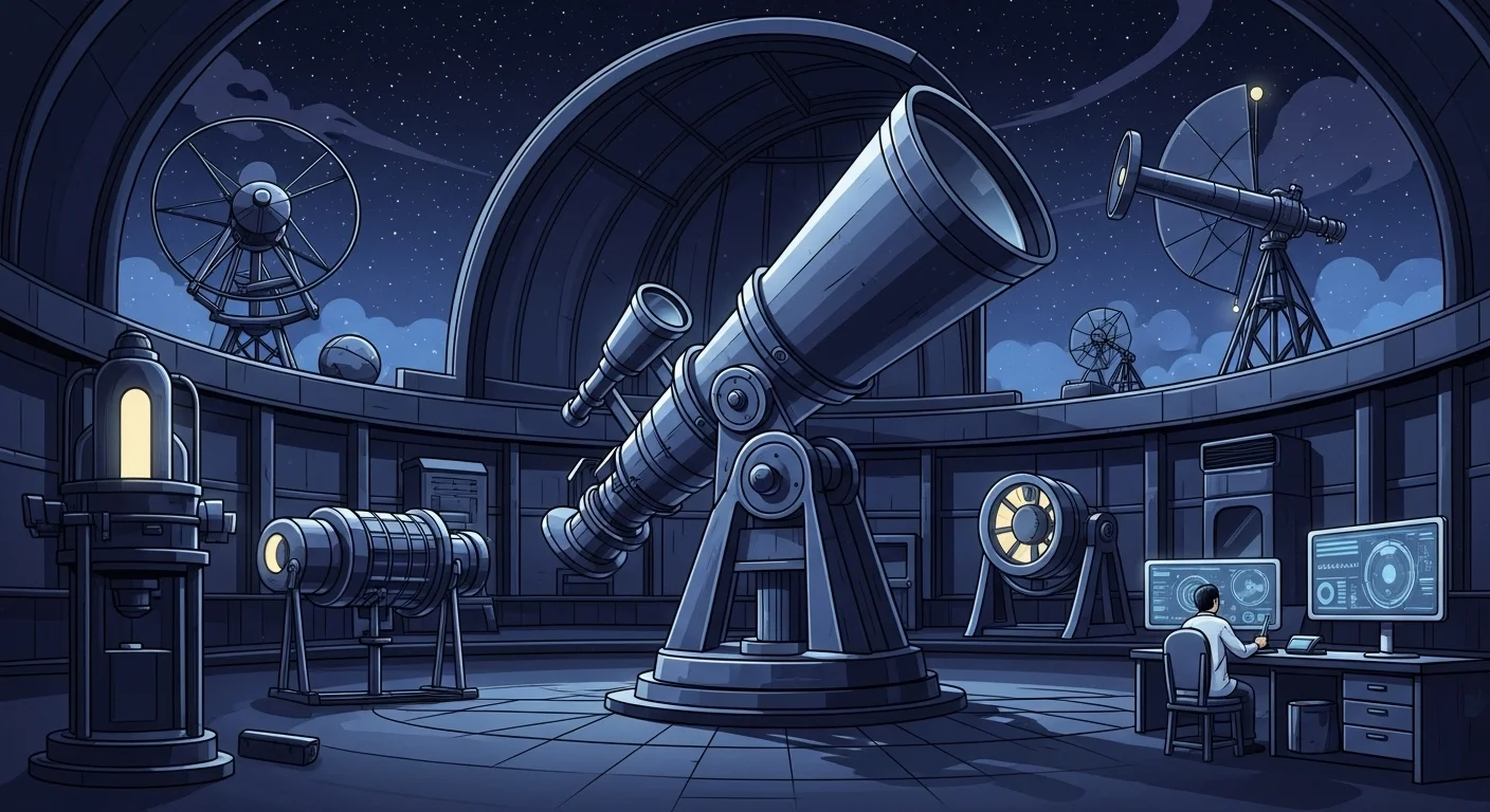 125+ Shining Stars Riddles with Answers: Starry Night Puzzles 9 Modern astronomical observatory interior featuring large telescopes, dome ceiling, and scientist working at computer workstation