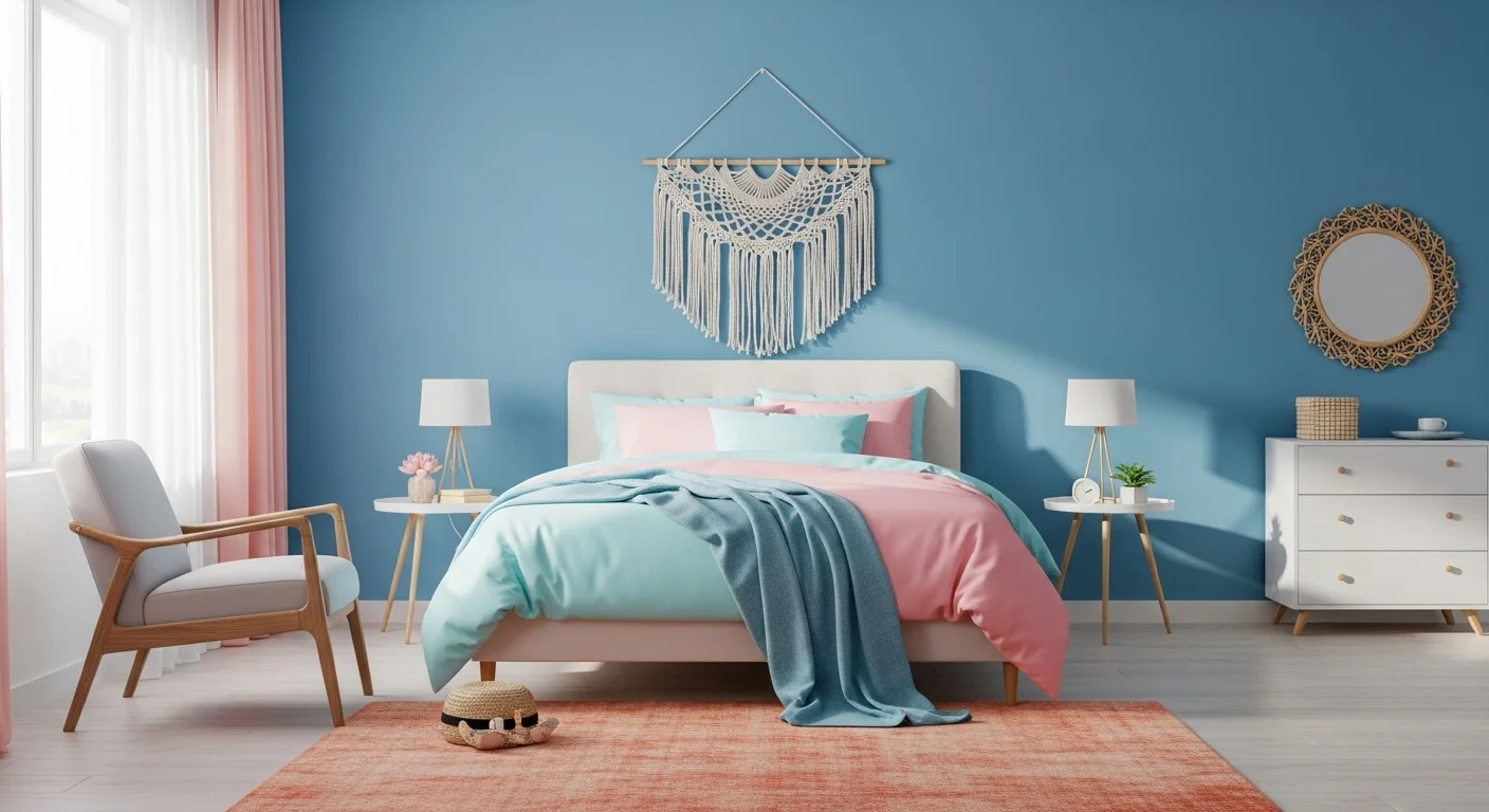 125+ Bedroom Riddles with Answers: Fun and Engaging Puzzles 14 Modern boho bedroom with blue accent wall, macrame wall hanging, and coral pink bedding