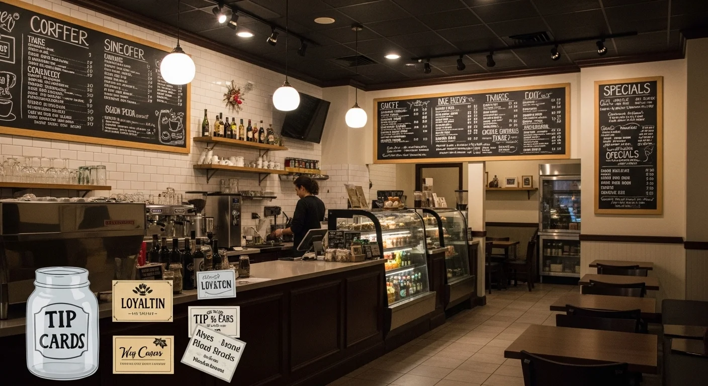 125+ Coffee Riddles with Answers: A Brew of Brain Teasers for Coffee Lovers 8 Modern coffee shop interior with chalkboard menus, tip jar, display cases, and barista working behind counter
