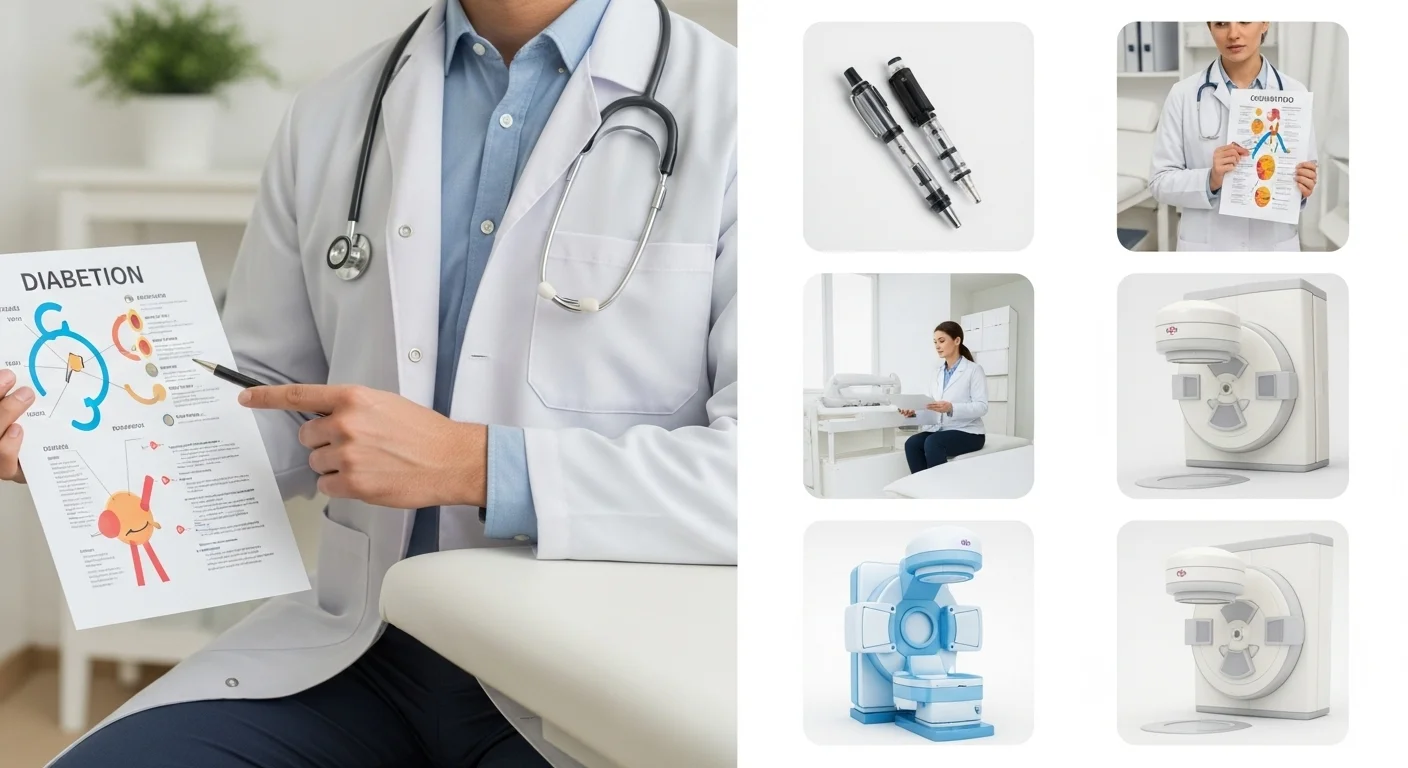 125+ Doctor Riddles with Answers: Educational Brain Teasers 9 Doctor in white coat holding diabetes information chart with medical equipment including syringes, MRI machines, and consultation scenes in modern healthcare facility