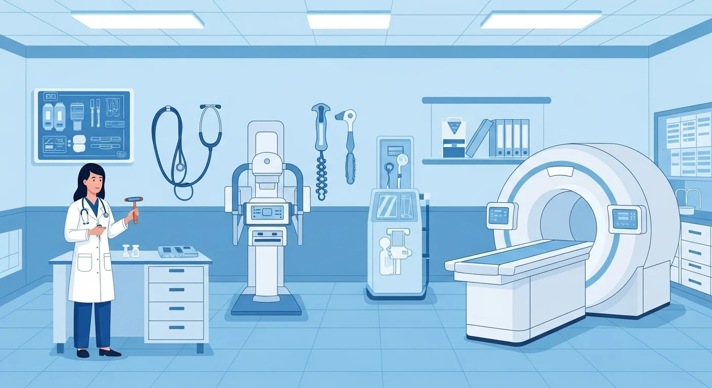 125+ Doctor Riddles with Answers: Educational Brain Teasers 7 Female doctor with reflex hammer in modern hospital room with MRI scanner, medical equipment, and diagnostic tools