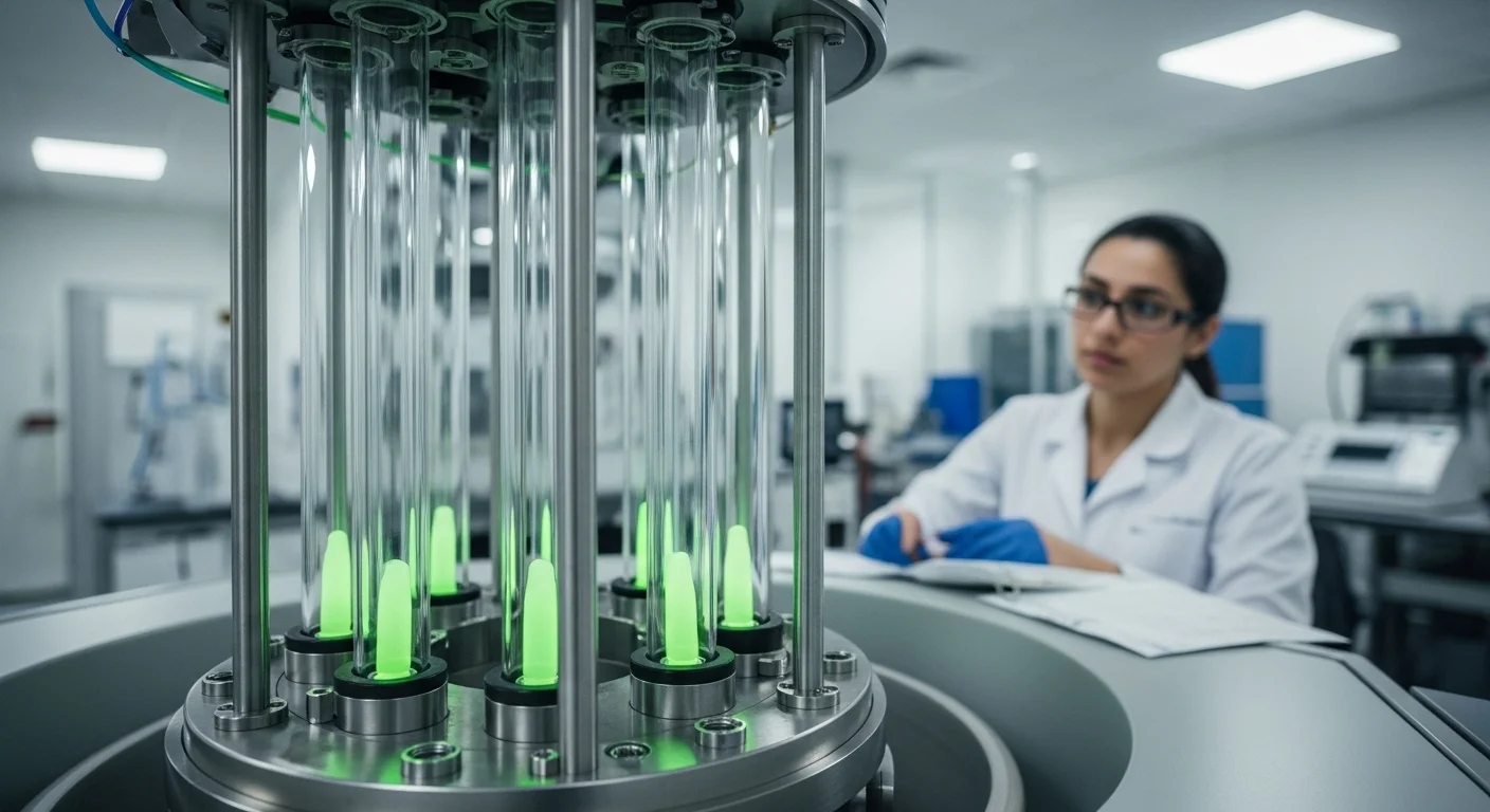 125+ Nuclear Weapon Riddles (Atomic Bomb Trivia & Answers) 4 Modern nuclear laboratory with scientist monitoring uranium enrichment equipment and glowing green test tubes