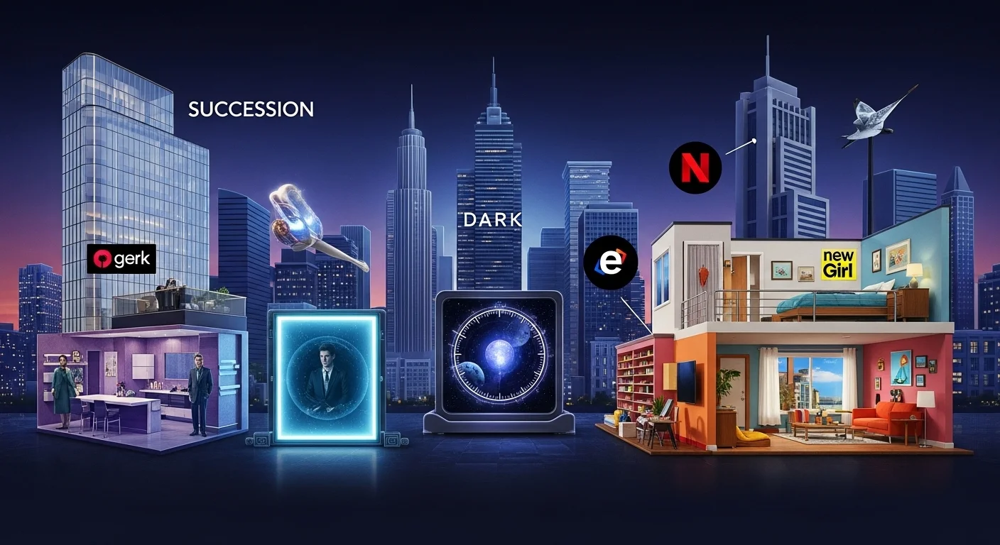 125+ Television Riddles to Test Your Show Knowledge (Answers) 6 Futuristic city skyline at night with floating TV show logos for Netflix, Succession, Dark and other streaming platforms with illuminated apartment windows showing different scenes