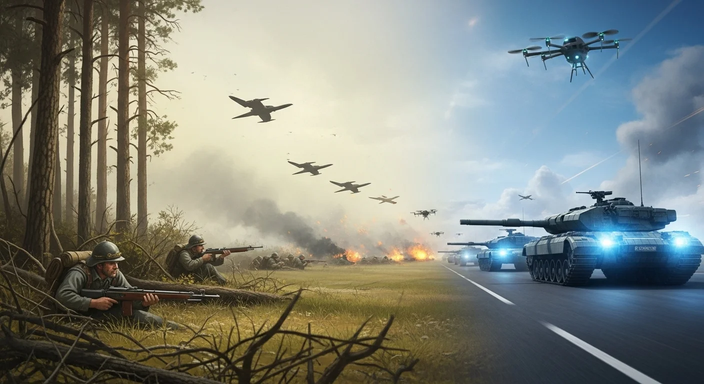 150+ World War 3 Riddles & Answers (Real-World Conflict References) 5 Modern battlefield scene showing soldiers in forest taking cover from advanced tanks and military aircraft with surveillance drones overhead
