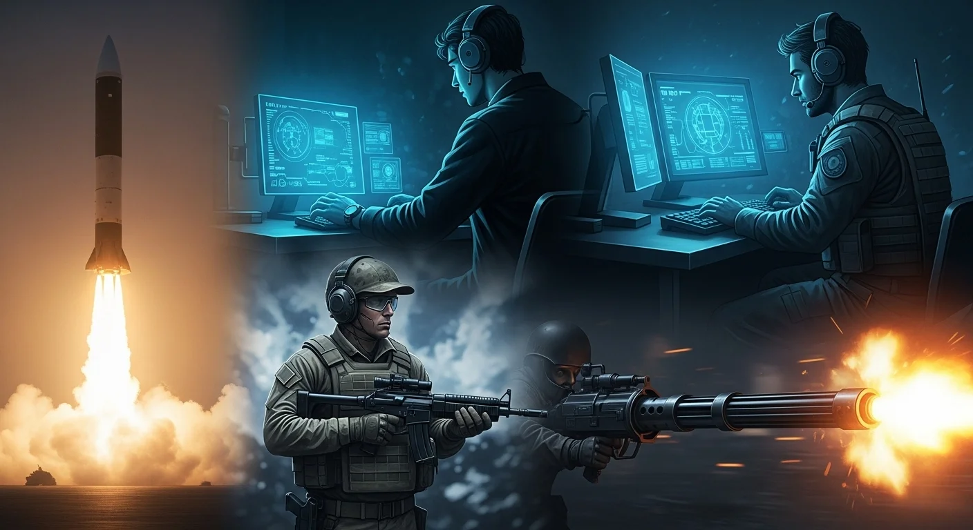 150+ World War 3 Riddles & Answers (Real-World Conflict References) 1 Military command center with cyber warfare operators monitoring screens while soldiers operate weapons with missile launch in background