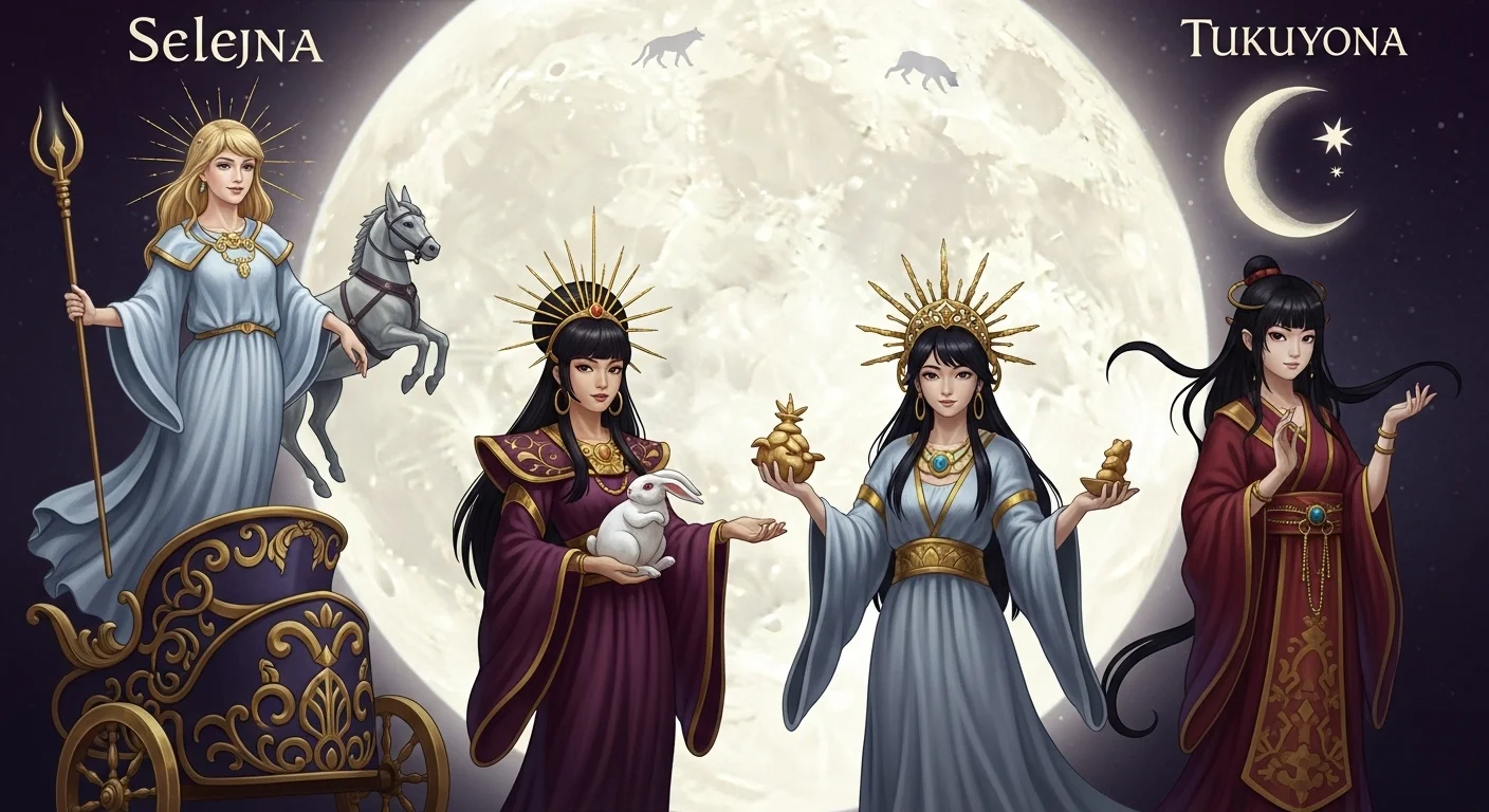 125+ Celestial Moon Riddles for Stargazers with Answers 6 Four lunar goddesses from different mythologies - Selene, Tukuyona and others - depicted against full moon background