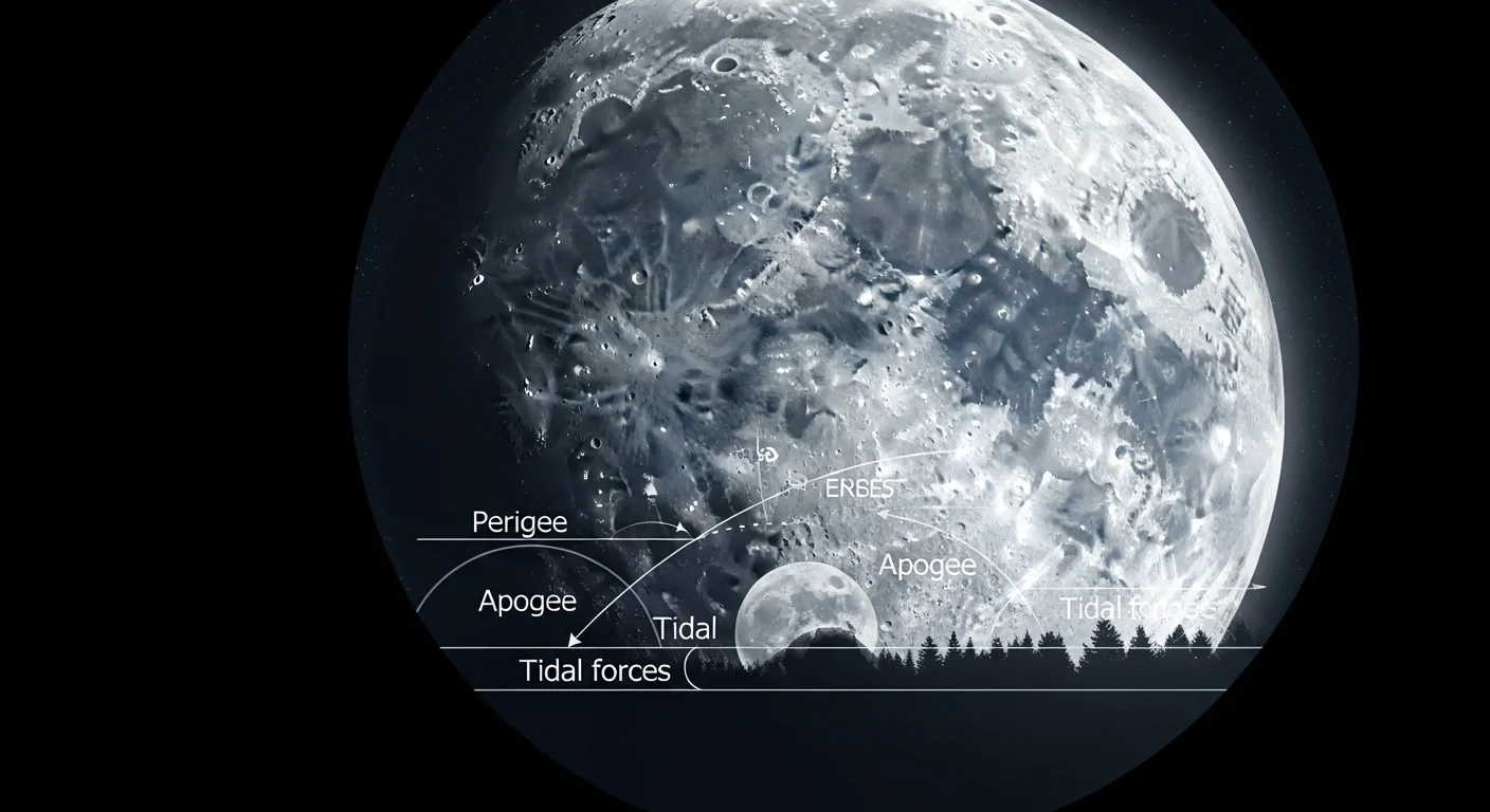 125+ Celestial Moon Riddles for Stargazers with Answers 2 Scientific diagram showing moon's elliptical orbit around Earth with labeled perigee, apogee points and tidal force illustrations