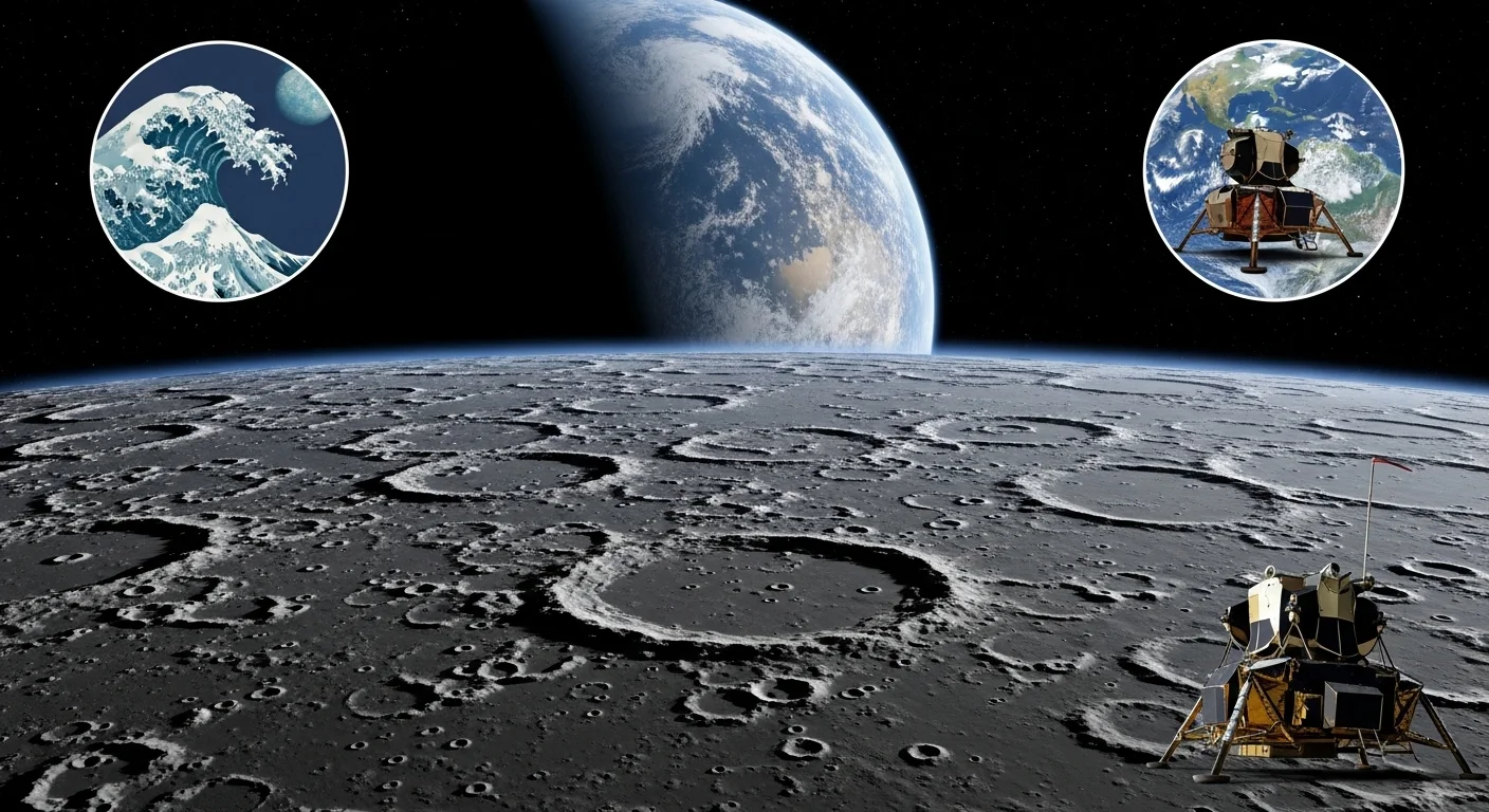 125+ Fun Solar System Riddles with Answers for Kids & Adults 12 Lunar surface view showing Earth rising above Moon's horizon with Apollo lunar module and mission imagery