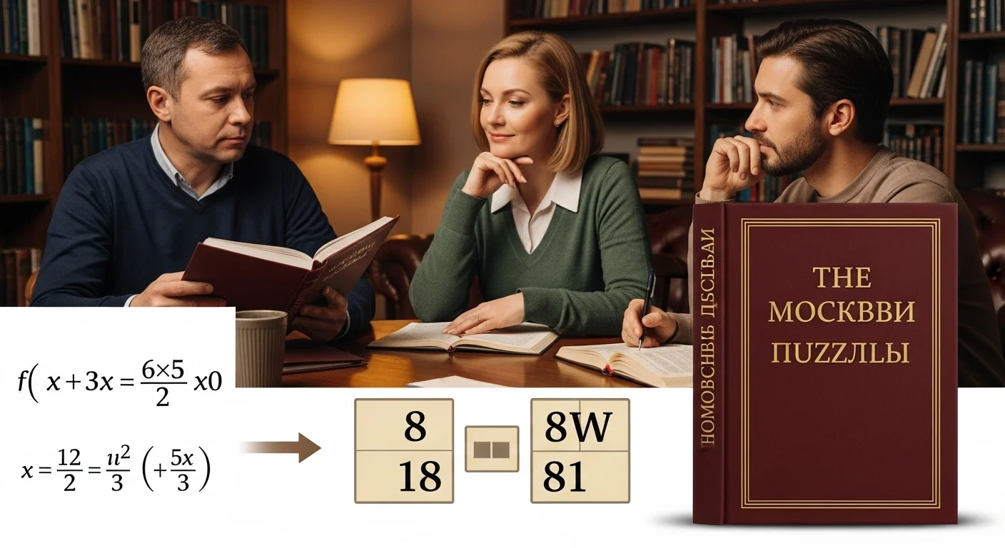 125+ Age Riddles with Answers: A Fun and Challenging Collection 5 Three adults studying Moscow mathematical puzzles in library with complex algebraic equations and solution steps