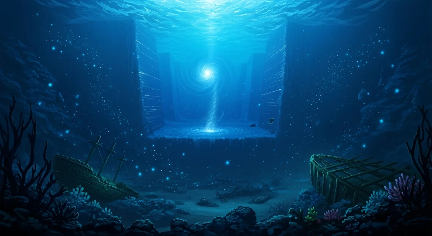 125+ Sea Riddles with Answers: Dive into the Depths of Mystery and Fun 1 Ancient underwater temple ruins with glowing light beam on ocean floor surrounded by coral