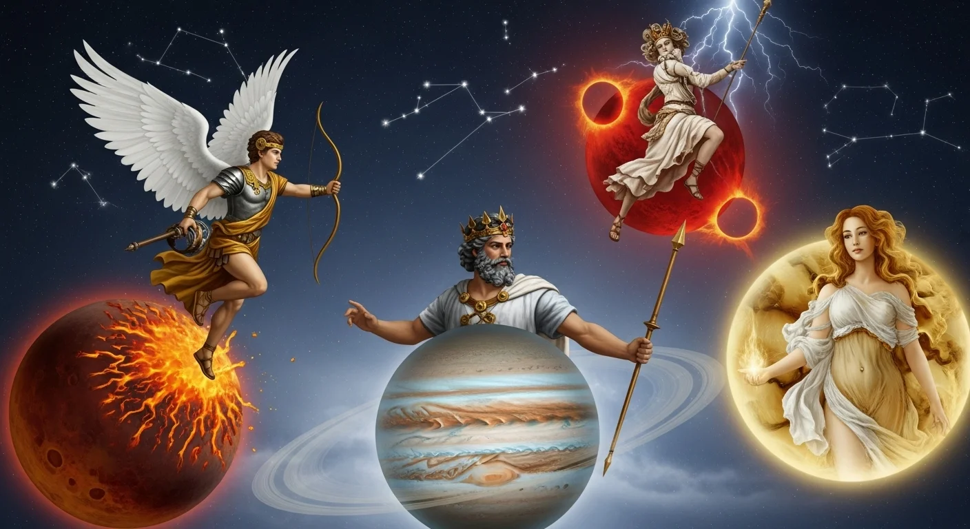 125+ Galaxy Riddles to Spark Your Cosmic Curiosity 8 Greek Roman gods and goddesses with planets, solar eclipse, and constellation patterns in mythological space scene