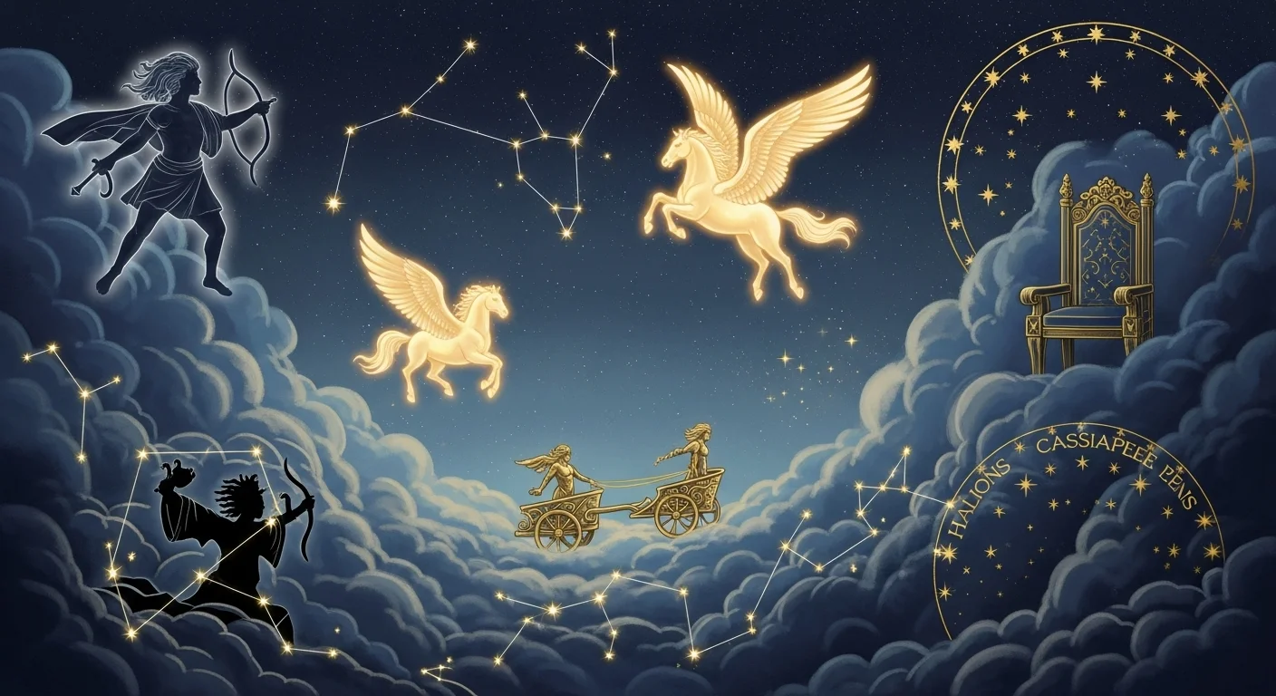 175+ Sky Riddles with Answers: A Journey Through the Celestial Unknown 14 Mythological night sky scene with golden Pegasus horses, archer constellation, throne, and connected star patterns among clouds