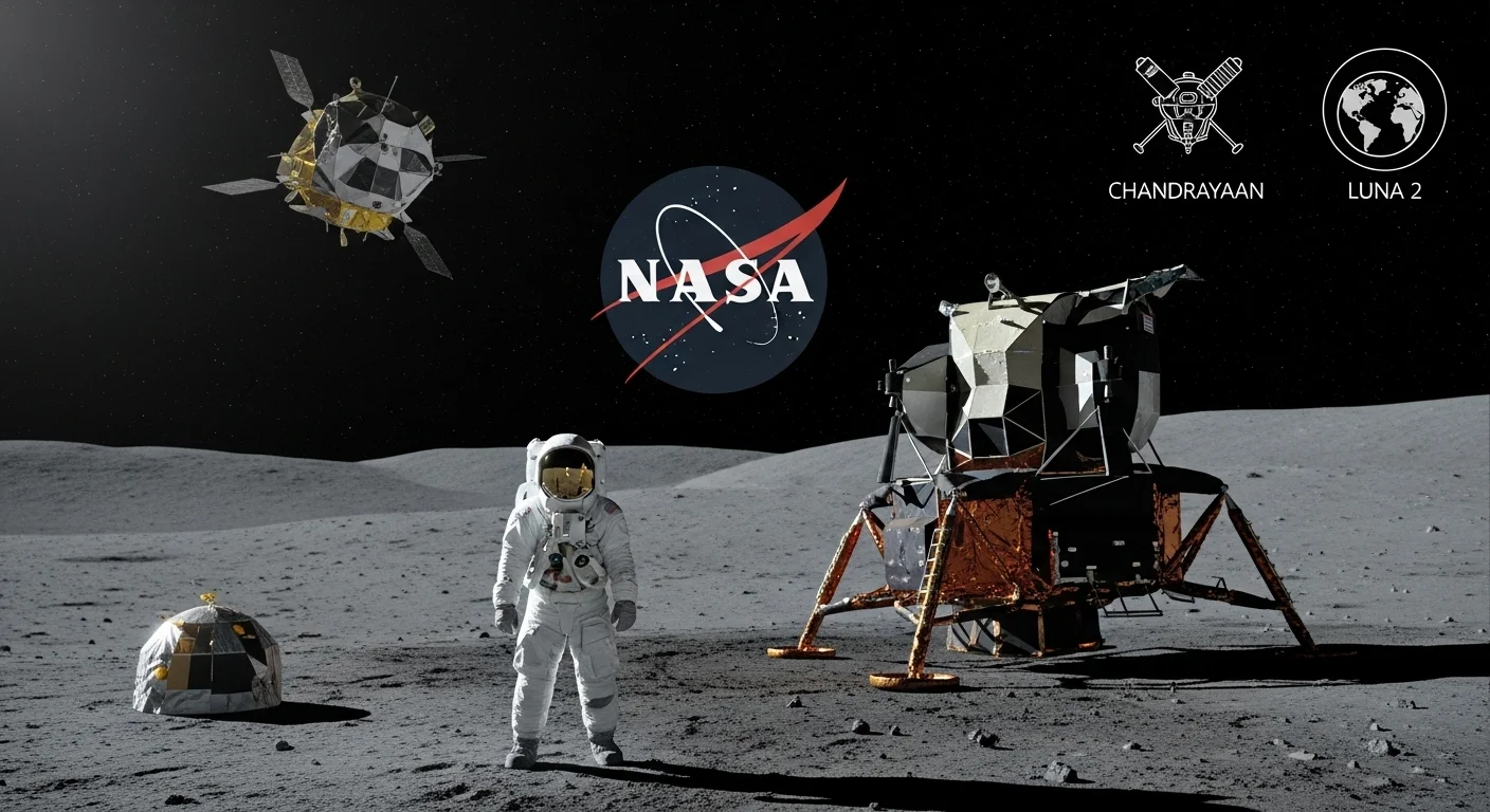 125+ Celestial Moon Riddles for Stargazers with Answers 5 NASA Apollo mission scene with astronaut and lunar module on moon surface, featuring Chandrayaan and Luna 2 mission logos
