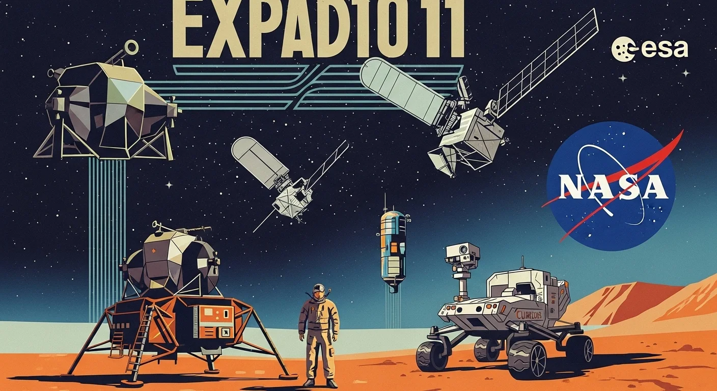 125+ Shining Stars Riddles with Answers: Starry Night Puzzles 8 Retro-style space exploration poster featuring NASA and ESA missions with Mars rover, satellites, and astronaut on planetary surface