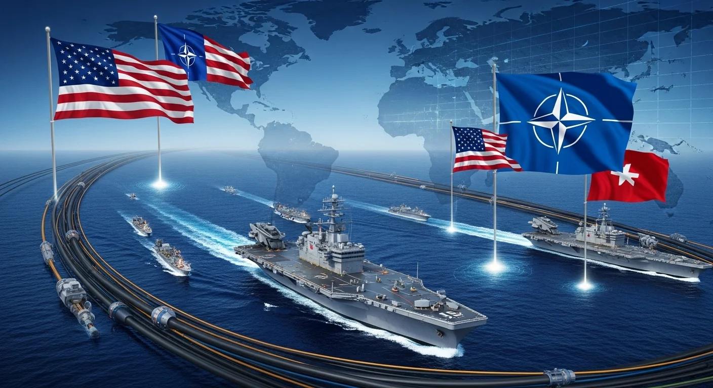 150+ World War 3 Riddles & Answers (Real-World Conflict References) 14 NATO and US naval forces protecting undersea communication cables with military vessels and flags
