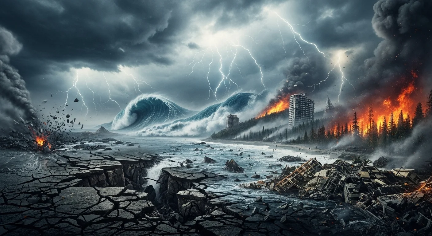 150+ Earth Riddles to Test Your Planet IQ (With Answers!) 8 Apocalyptic scene showing multiple natural disasters including tsunami waves, lightning storms, wildfires, and coastal destruction