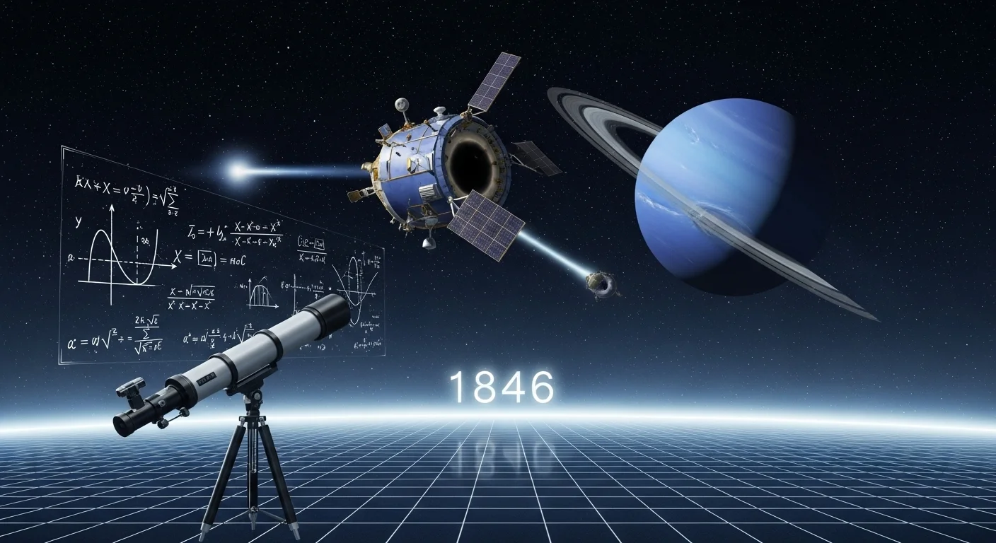 125+ Neptune Riddles & Answers: A Cosmic and Mythical Challenge 5 Neptune planet discovery in 1846 showing telescope, mathematical equations, space probe and blue ice giant planet with rings