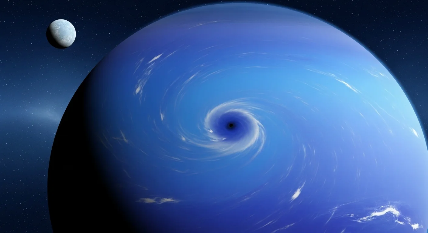 125+ Fun Solar System Riddles with Answers for Kids & Adults 8 Neptune ice giant planet showing its deep blue atmosphere with the Great Dark Spot storm system and a moon visible in space