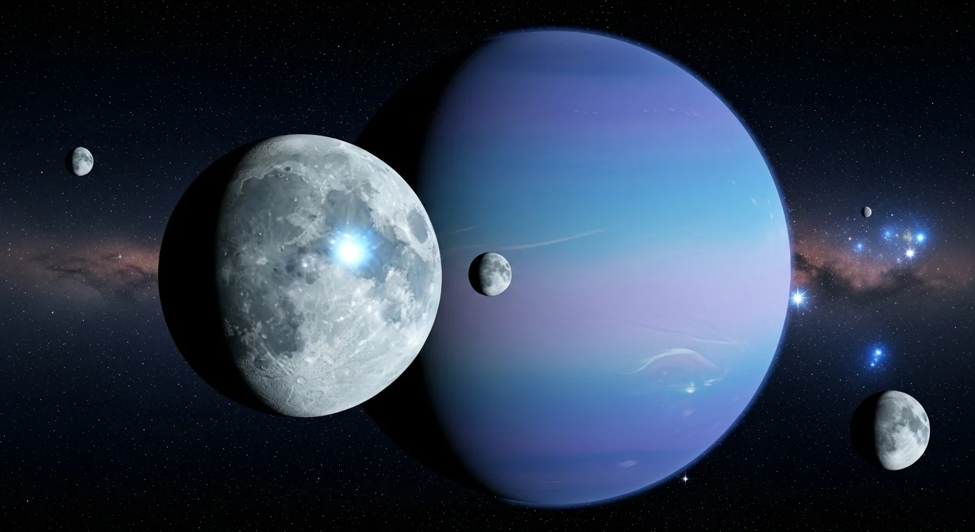 125+ Neptune Riddles & Answers: A Cosmic and Mythical Challenge 4 Neptune ice giant planet with multiple moons including large Triton in foreground against starry space background