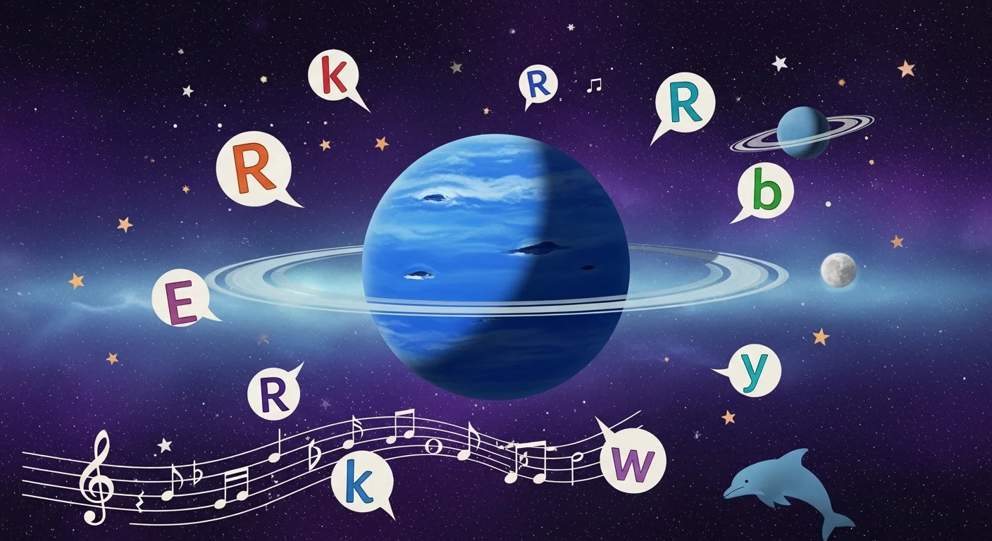 125+ Neptune Riddles & Answers: A Cosmic and Mythical Challenge 3 Neptune planet surrounded by floating letter bubbles and musical notes with dolphin in cosmic educational design