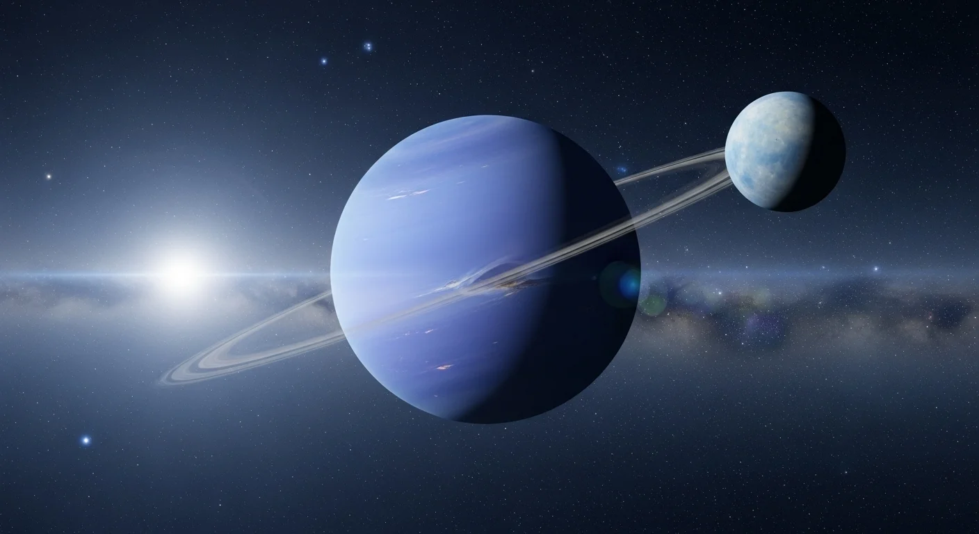 125+ Neptune Riddles & Answers: A Cosmic and Mythical Challenge 1 Neptune planet with its largest moon Triton orbiting in deep space with ring system visible against starfield background