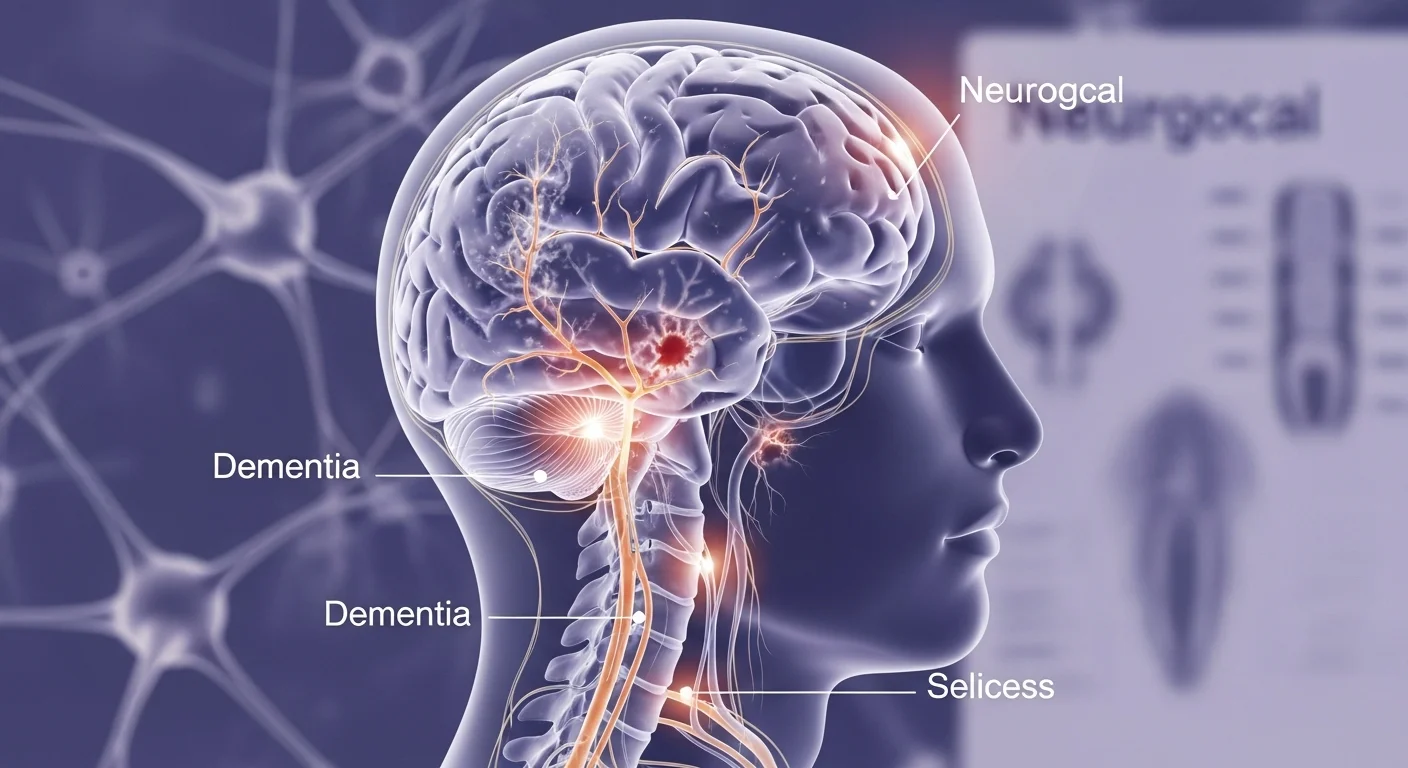 125+ Disease Riddles to Test Your Medical IQ (Answers Inside) 3 Brain anatomy illustration highlighting neurological conditions including dementia and other cognitive disorders with neural networks