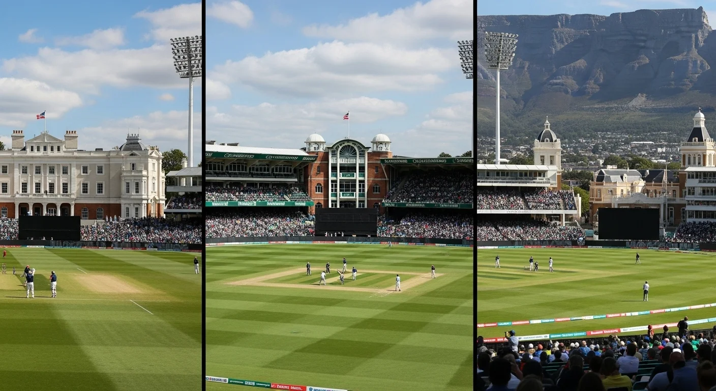 150+ Cricket Riddles with Answers: Test Your Knowledge and Have Fun! 4 Panoramic view of Newlands Cricket Ground in Cape Town with Table Mountain backdrop during cricket match