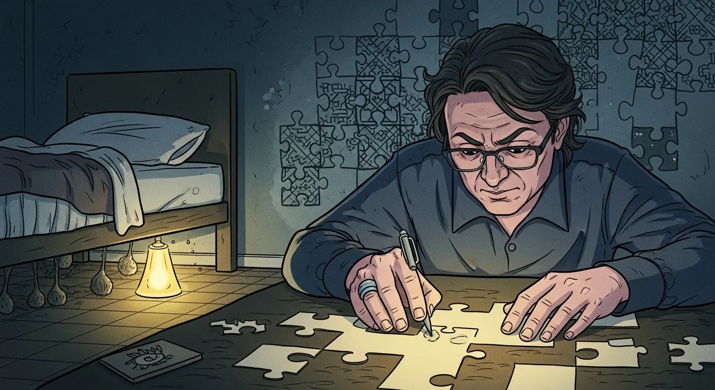 125+ Bedroom Riddles with Answers: Fun and Engaging Puzzles 3 Focused man working on jigsaw puzzles at wooden table in dimly lit bedroom with puzzle pieces scattered around