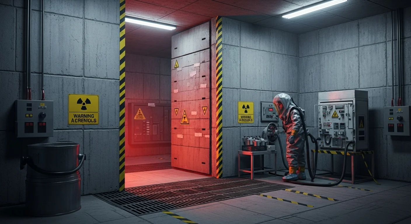 125+ Nuclear Weapon Riddles (Atomic Bomb Trivia & Answers) 7 Nuclear facility worker in hazmat suit near radiation warning signs and contaminated area