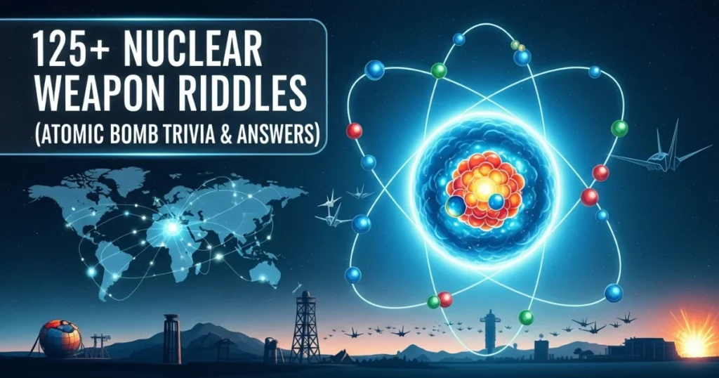Nuclear weapon riddles and atomic bomb trivia infographic with atom diagram, world map, and scientific illustrations