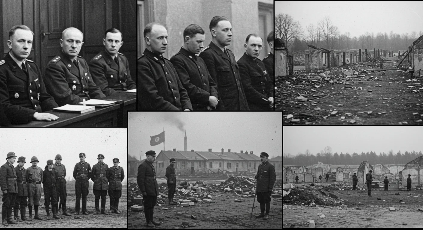 125+ World War 2 Riddles & Answers: Journey Through History 19 World War 2 aftermath showing Nuremberg Trials defendants, liberated concentration camps, and Allied forces documenting war crimes evidence