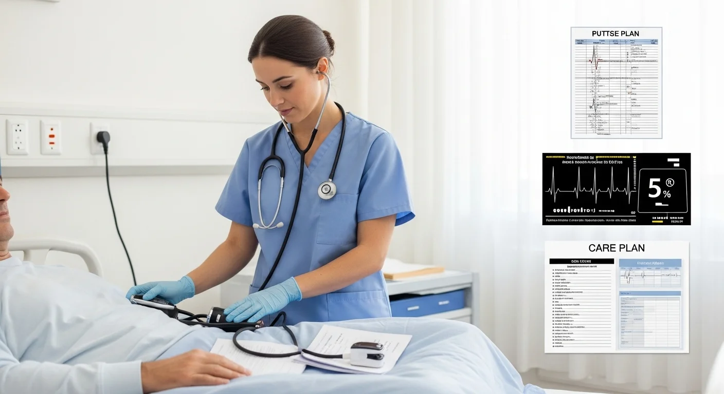 125+ Nursing Riddles to Challenge Your Medical Mind (With Answers!) 5 Nurse in blue scrubs taking patient blood pressure with digital care plan and monitoring charts visible