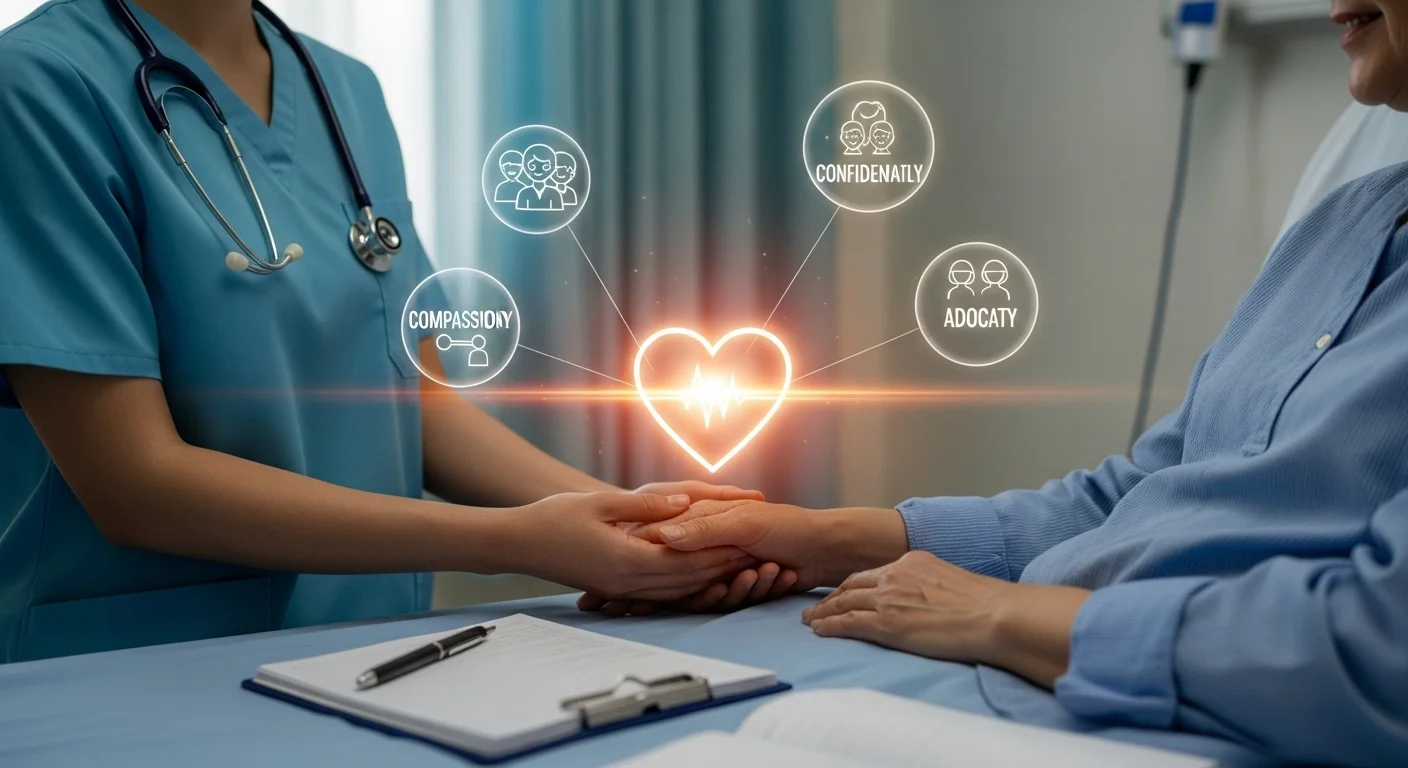 125+ Nursing Riddles to Challenge Your Medical Mind (With Answers!) 8 Nurse holding patient hands with glowing heart and healthcare values icons showing compassion and advocacy