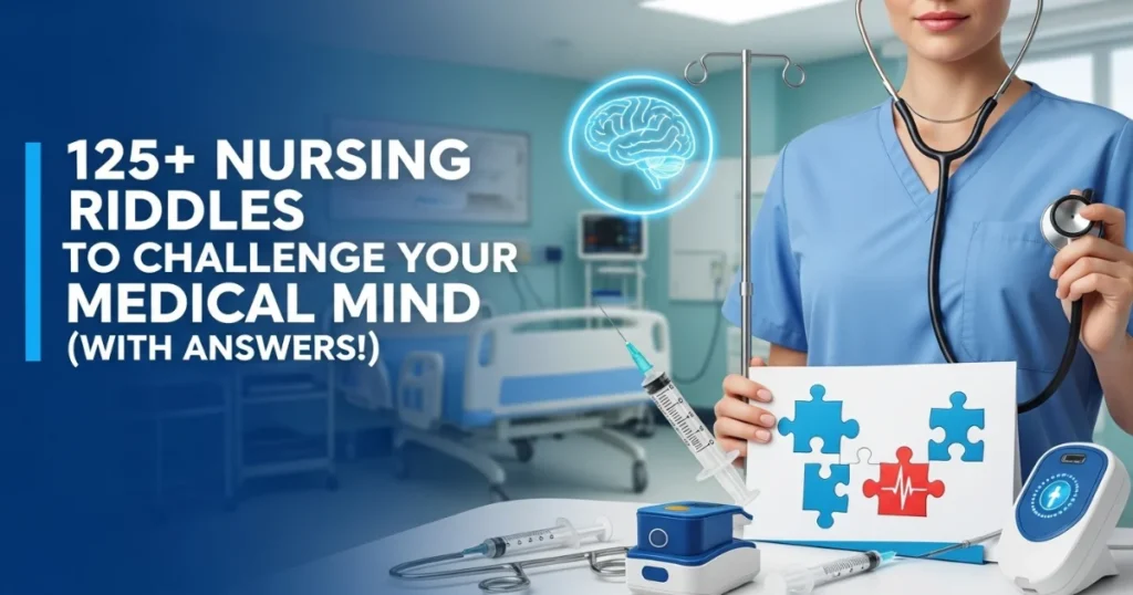 Nurse in blue scrubs holding stethoscope with glowing brain graphic and puzzle pieces in medical setting