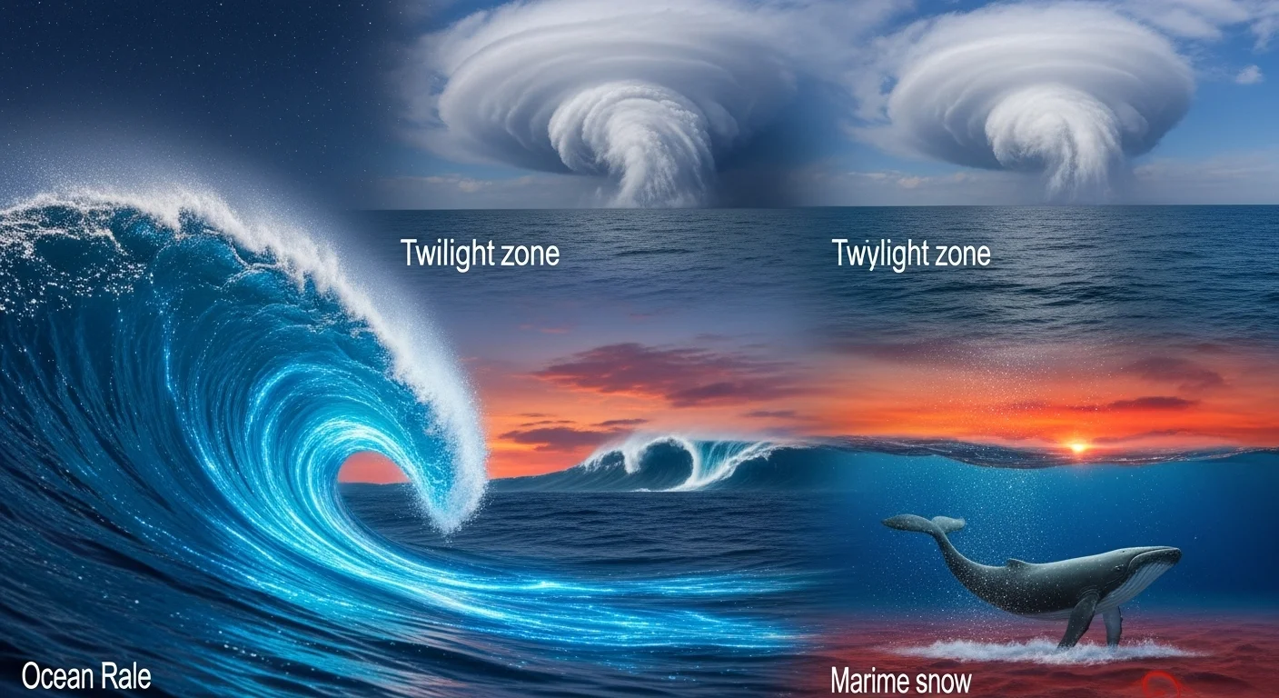 125+ Ocean Riddles & Answers to Challenge Your Mind 5 Ocean scene showing twilight zone layers, ocean rale wave formation, marine snow particles, and whale swimming during dramatic sky with water spouts