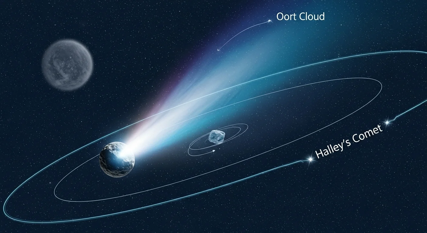 125+ Fun Solar System Riddles with Answers for Kids & Adults 14 Oort Cloud and Halley's Comet orbital diagram showing comet path through outer solar system