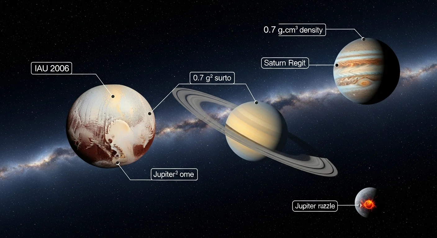125+ Cosmic Planet Riddles & Answers to Spark Your Curiosity 3 Outer solar system planets comparison showing Pluto IAU 2006 classification, Saturn density, and Jupiter characteristics
