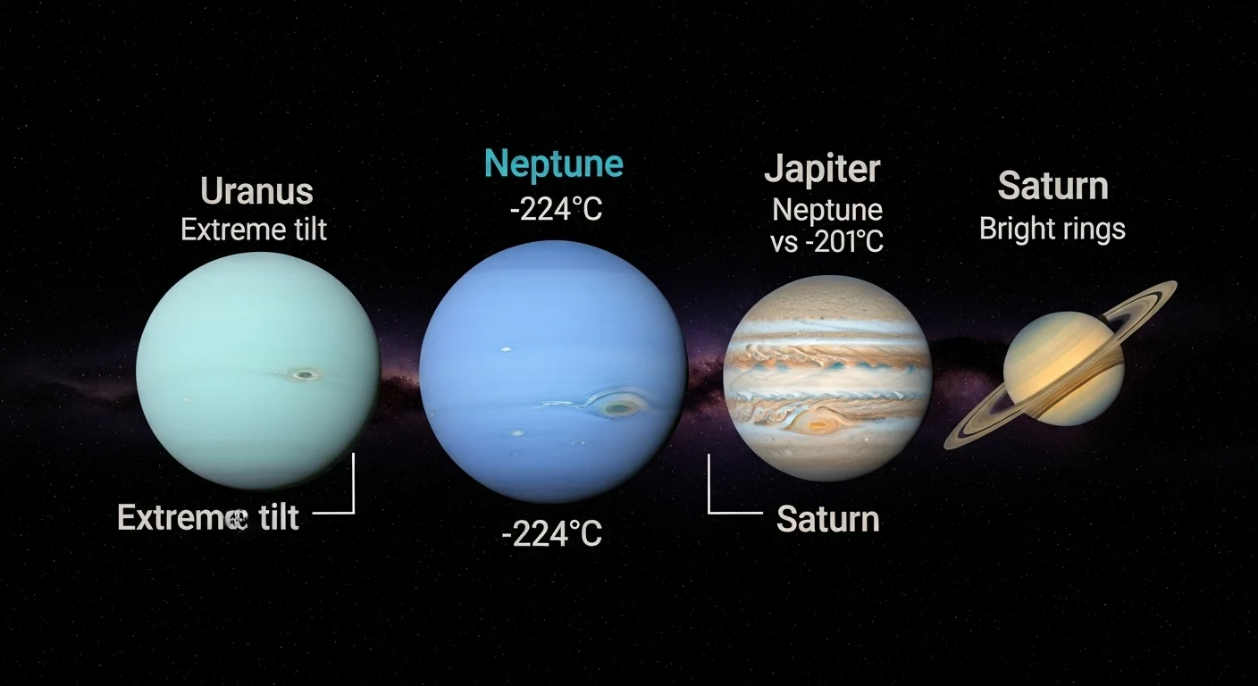 Comparative view of outer solar system planets showing Uranus with extreme tilt, Neptune at -224°C, Jupiter, and Saturn with bright rings for size and feature comparison