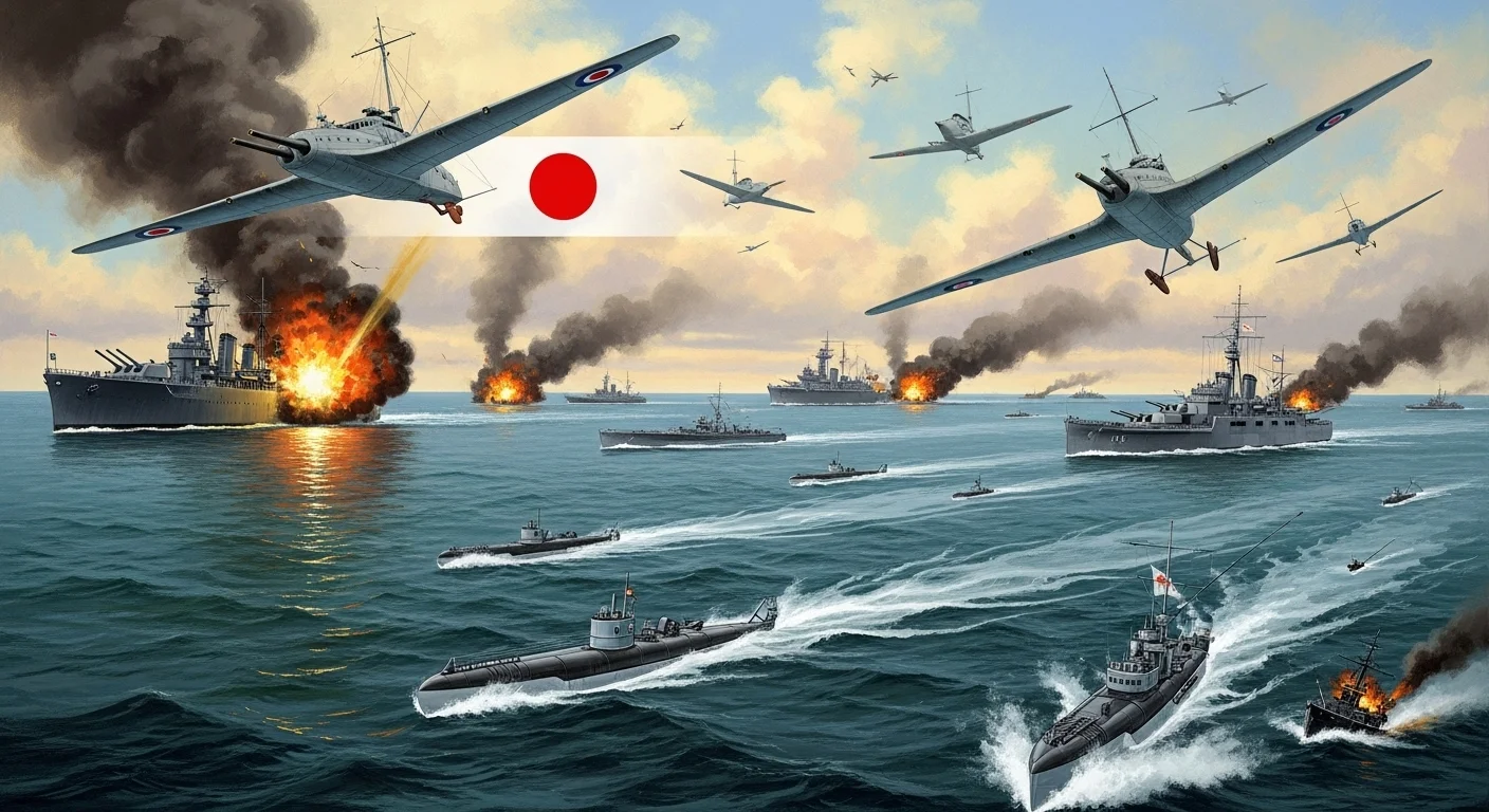 125+ World War 2 Riddles & Answers: Journey Through History 17 Pacific Theater World War 2 naval battle with Japanese aircraft, burning warships, aircraft carriers, and submarines in intense combat