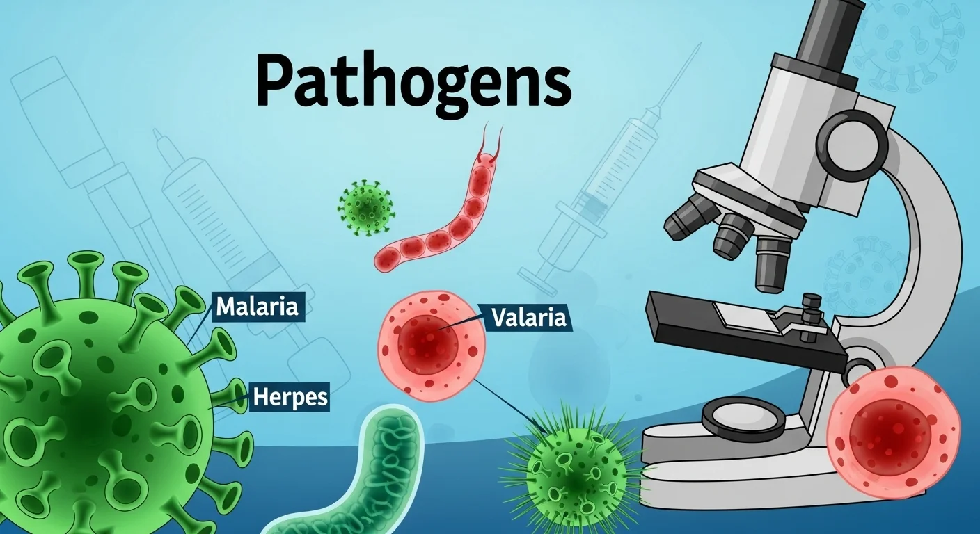 125+ Disease Riddles to Test Your Medical IQ (Answers Inside) 12 Medical illustration showing various pathogens including bacteria, viruses, malaria parasites, herpes, and laboratory microscope