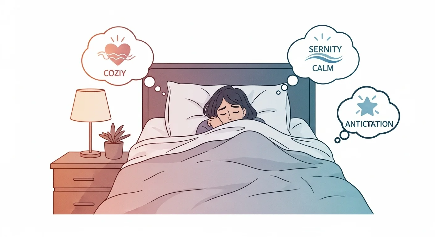 125+ Bedroom Riddles with Answers: Fun and Engaging Puzzles 8 Person sleeping peacefully in bed with thought bubbles showing cozy, serenity, calm, and anticipation emotions
