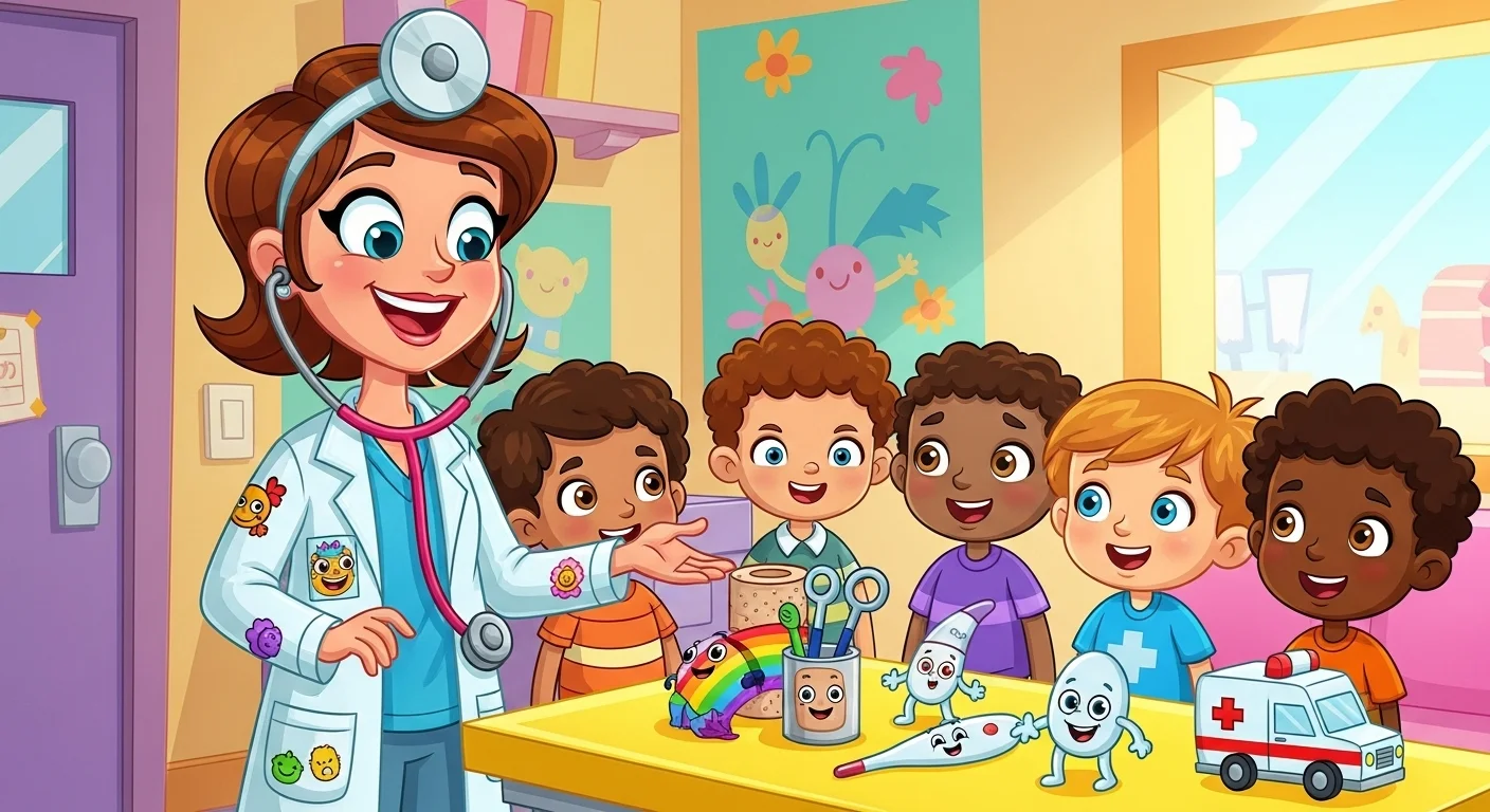 125+ Doctor Riddles with Answers: Educational Brain Teasers 2 Female pediatric doctor with stethoscope teaching medical riddles to diverse group of happy children in colorful classroom