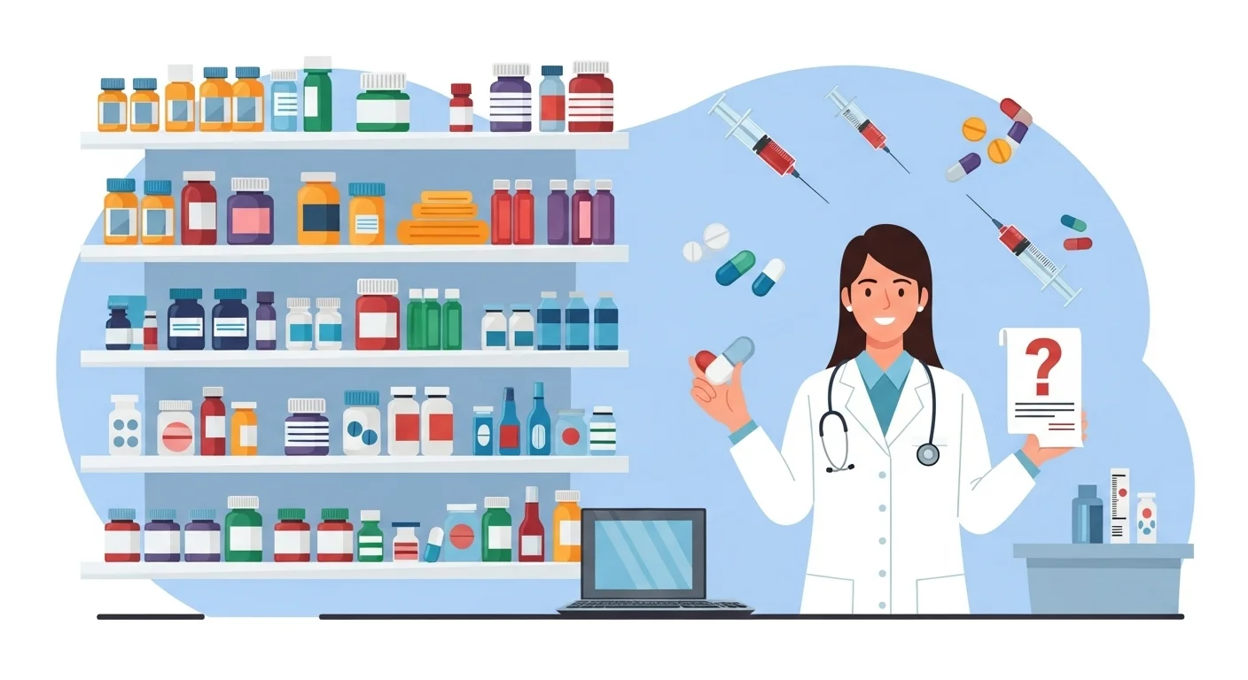 250+ Medical Riddles with Answers: Journey into Medicine 5 Female pharmacist in white coat holding medication capsule with pharmacy shelves, syringes, and medical supplies for pharmaceutical riddles