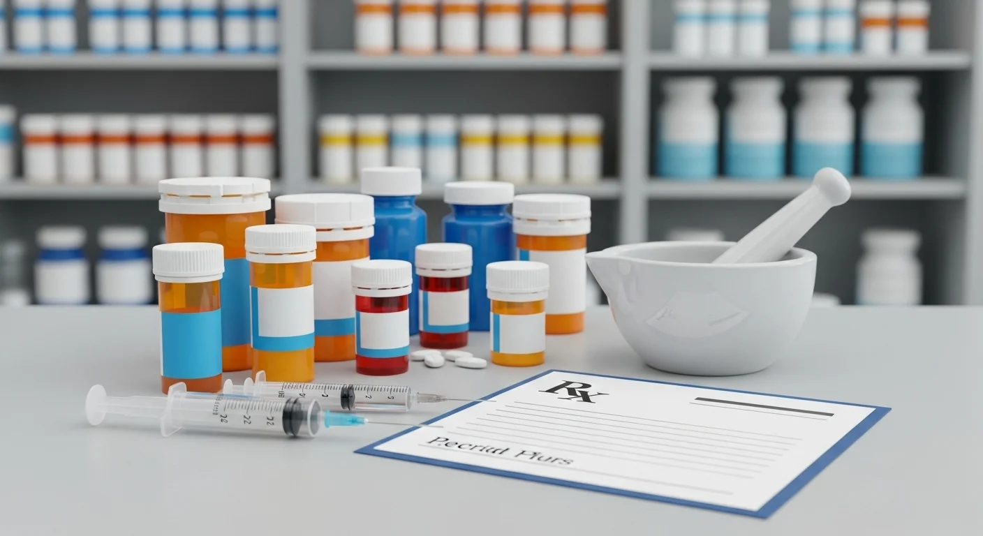 125+ Nursing Riddles to Challenge Your Medical Mind (With Answers!) 4 Prescription medication bottles with mortar and pestle and prescription pad in pharmacy setting