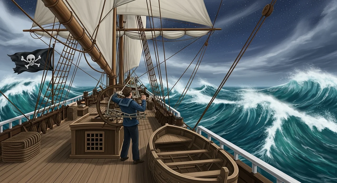 125+ Sea Riddles with Answers: Dive into the Depths of Mystery and Fun 9 Pirate ship with jolly roger flag sailing through stormy ocean waves with captain at helm