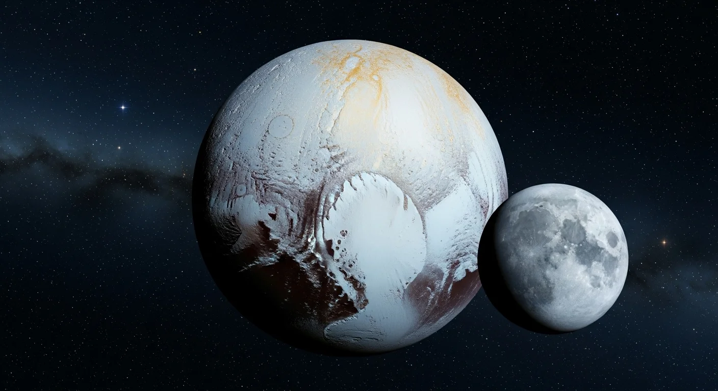 125+ Fun Solar System Riddles with Answers for Kids & Adults 9 Pluto and Charon dwarf planet system compared to Earth's Moon against starry space background