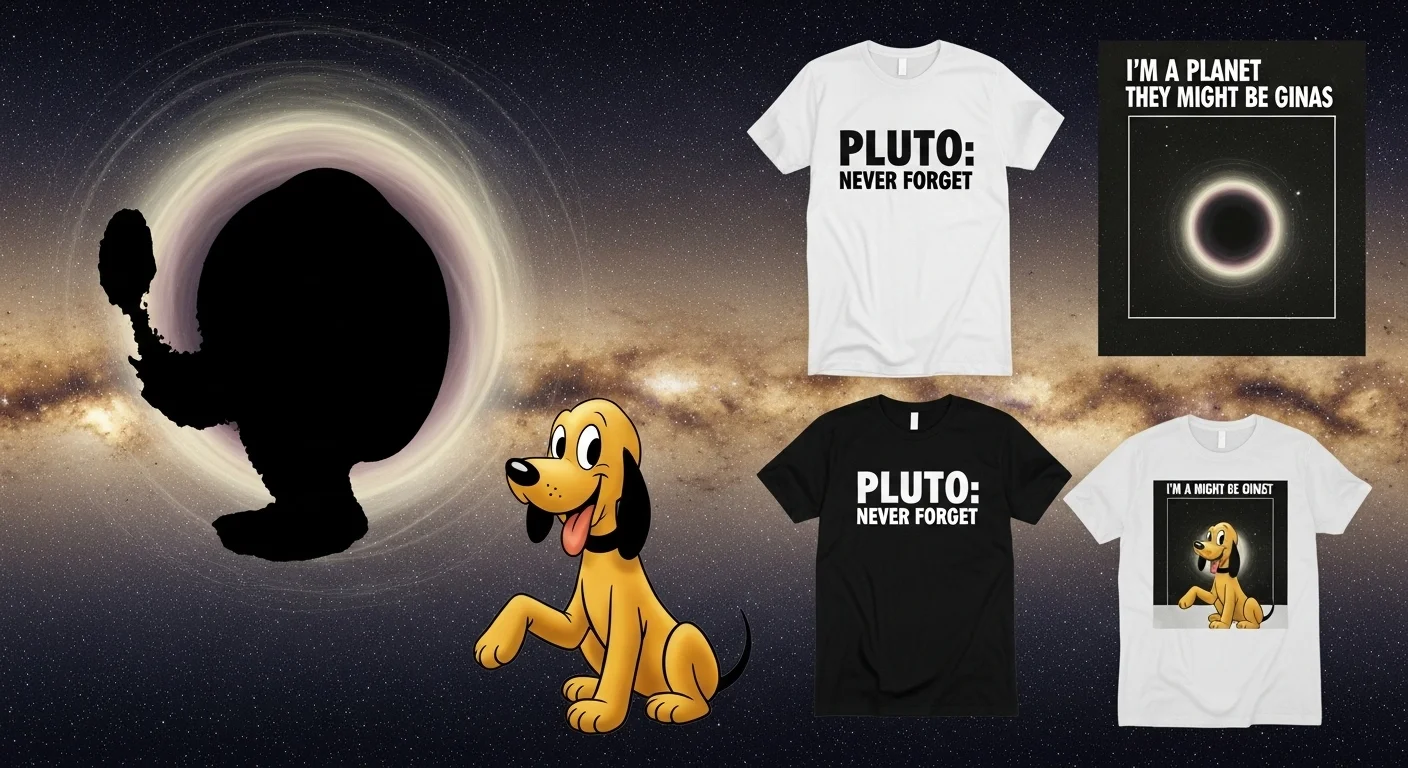 125+ Pluto Riddles with Answers: Unravel the Mysteries of the Dwarf Planet 11 Collection of Pluto-themed t-shirts with "Never Forget" slogan and cartoon dog silhouette against black hole background