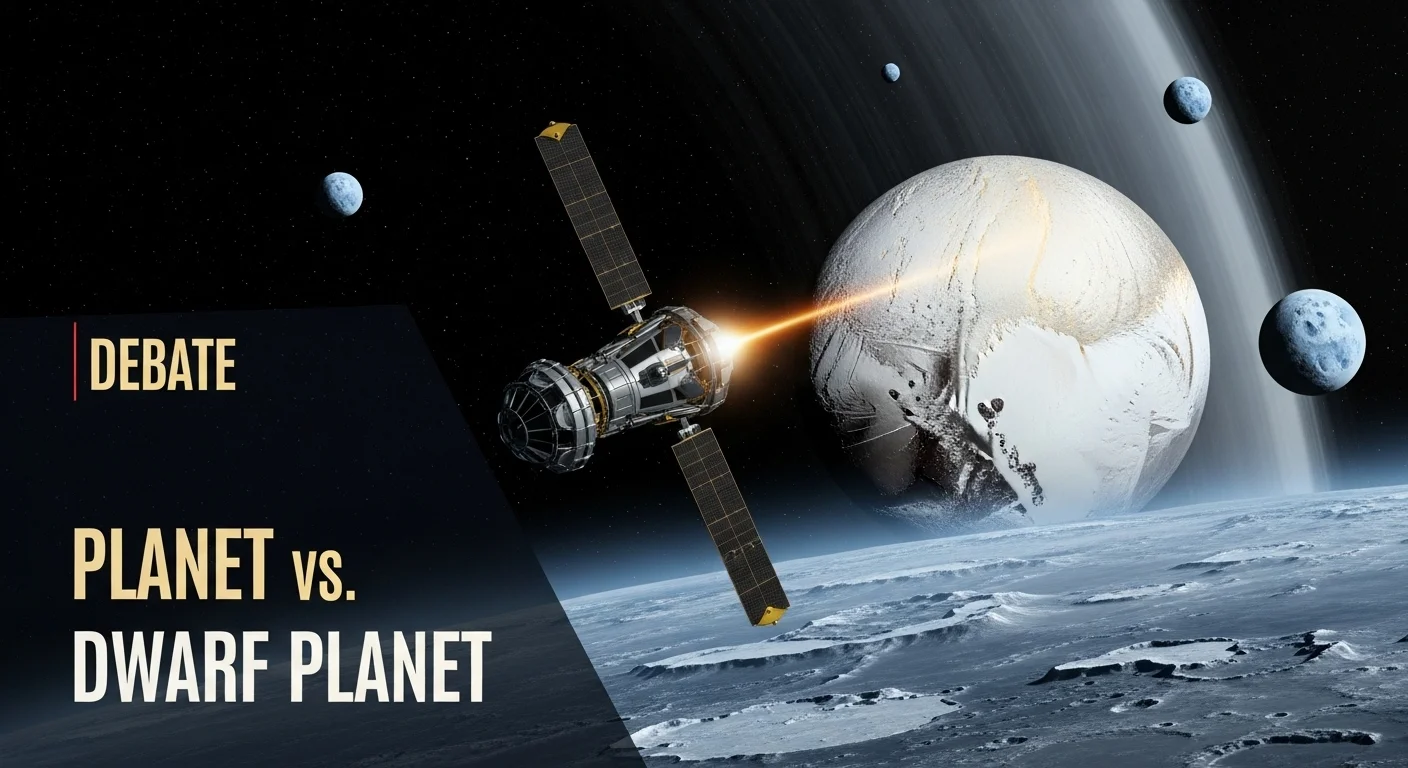 125+ Pluto Riddles with Answers: Unravel the Mysteries of the Dwarf Planet 12 Space scene showing spacecraft approaching Pluto with text "Debate: Planet vs. Dwarf Planet" illustrating astronomical classification controversy