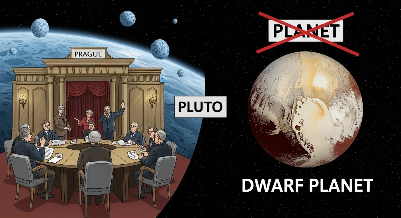 125+ Pluto Riddles with Answers: Unravel the Mysteries of the Dwarf Planet 5 International Astronomical Union meeting in Prague showing Pluto's reclassification from planet to dwarf planet with crossed-out "PLANET" label